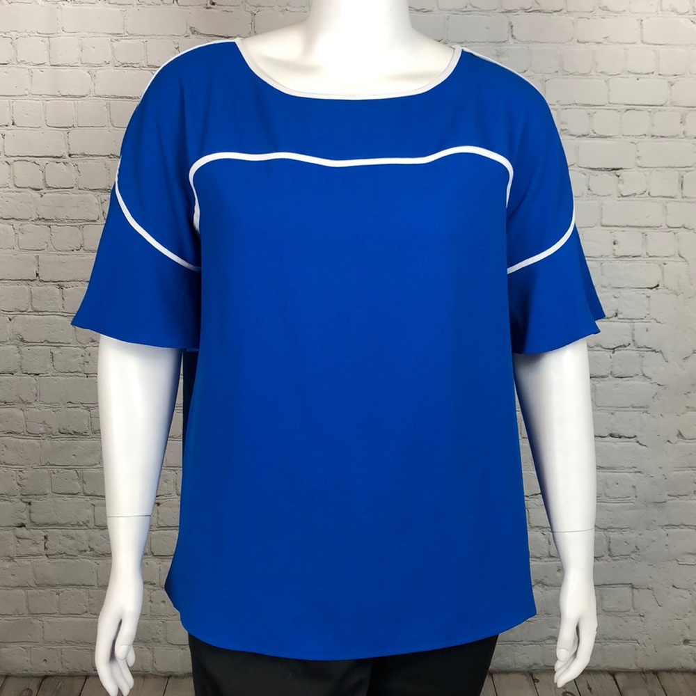 Only Size 0X (XL) Left! Alfani Cobalt Blue & White Trim Top Plus - Picture 2 of 5